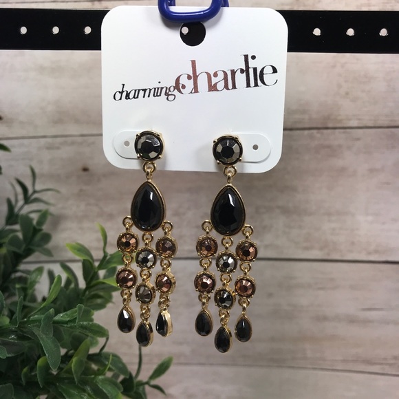 Charming Charlie Jewelry - Charming Charlie Gold Tone Chandelier Black Brown Gemstone Earrings